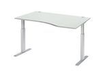 Schäfer Shop Select Schreibtisch ERGO-T, elektrisch höhenverstellbar, Freiform, Ansatz rechts, T-Fuss, B 1800 x H 725-1185 mm, lichtgrau/weissalu