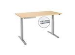 Schreibtisch, elektrisch höhenverstellbar, T-Fuss, B 1600 x T 800 x H 645-1290 mm, Ahorn/weissaluminium + Kabelkanal, Zubehörschublade