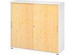 Schiebetürschrank Breno, abschliessbar, Spanplatte, melaminharzbeschichtet, B 1200 x T 400 x H 1100 mm, 3 Ordnerhöhen, weiss/Ahorn