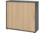 Schiebetürschrank Breno, abschliessbar, Spanplatte, melaminharzbeschichtet, B 1200 x T 400 x H 1100 mm, 3 Ordnerhöhen, graphit/Eiche