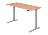 Schreibtisch TOPAS LINE, elektrisch höhenverstellbar, C-Fuss, B 1800 x T 800 x H 650-1300 mm, Nussbaum/weissaluminium + Memoryschalter, Kabelkanal