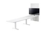 Schäfer Shop Genius Konferenztisch HV Basic, elektrisch höhenverstellbar, Tonne, T-Fuss, B 3600 x T 700/850/1000 x H 640-1300 mm, weiss/weiss