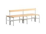 Umkleidebank, Stahlrohr/Holz, doppelt, mit Rückenteil, L 1500 mm, lichtgrau