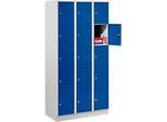 Wertfachschrank 300 mm, 3 Abteile, 15 Fächer, Sicherheitszylinderschloss, Sockel, enzianblau