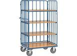 Etagenwagen, 4 Holz-Böden, bis 600 kg, 3-seitige Streben, 1000 x 800 mm, Stahl, blau