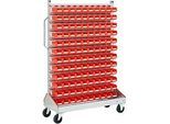 Sichtrollwagen f. Sichtlagerkästen, einseitig, B 1130 x T 510 x H 1705 mm, 120 x 0,7 l rot