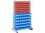 Ständerregal zweiseitig, B 1130 x T 700 x H 1885 mm, 120 x 0,7 l, rot + 84 x 3 l, blau