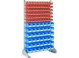 Ständerregal einseitig, B 1130 x T 500 x H 1885 mm, 60 x 0,7 l, rot + 42 x 3 l, blau