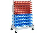 Sichtrollwagen f. Sichtlagerkästen, zweiseitig, B 1130 x T 710 x H 1705 mm, 120 x 0,7 l rot, 56 x 7,5 l blau