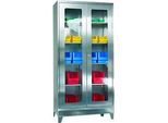 Edelstahl-Vitrinenschrank, 2-türig, 4 Einlegeböden, mit Füssen, B 1000 x T 500 x H 1950 mm