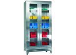 Edelstahl-Vitrinenschrank, 2-türig, 4 Einlegeböden, mit Füssen, B 1000 x T 600 x H 1950 mm