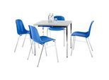 Sparset Stapelstuhl BETA, Bezug blau, Sitzmasse B 400 x T 420 x H 460 mm, 4 Stück + Konferenztisch, B 800 x T 800 mm, lichtgrau