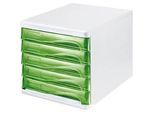 helit Schubladenbox, 5 Schübe, DIN A4, Polypropylen, Gehäuse weiss/Schublade grün transparent