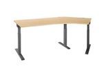 Schäfer Shop Select Winkelschreibtisch ERGO-T 2.0, 135° Winkel, Ansatz rechts, T-Fuss, B 2165 x T 800 x H 675-895 mm, Ahorn/anthrazit