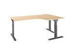 Schäfer Shop Select Winkelschreibtisch ERGO-T 2.0, 90° Winkel, Ansatz rechts, T-Fuss, B 2000 x T 1200/800 x H 675-895 mm, Ahorn/anthrazit