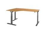 Schäfer Shop Select Winkelschreibtisch ERGO-T 2.0, elektrisch höhenverstellbar, 90° Winkel links, T-Fuss, B 2000 mm, Buche/anthrazit