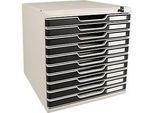 Schubladenbox MODULO, Format A4+, 10 abschliessbare Schübe, geschlossen, Griffmulde & Etikettenhalter, 2 Schlüssel, Kunststoff, grau