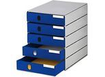 styro® Schubladenbox Styroval Pro, 5 Schubladen, geschlossen, B 243 x T 335 x H 323 mm, DIN C4, Polystyrol, stapelbar, öko-blau