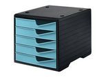 Schubladenbox styro® styroswingbox, 5 Schübe, Auszugsperre & Griffmulde, stapelbar, B 270 x T 340 x H 255 mm, Polystyrol, schwarz-aqua