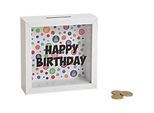 ROOST Sparkasse Happy Birthday, Spardose, Holzrahmen, Glasfront, entleerbar, 15 x 15 x 5 cm, weiss