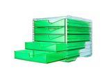 Schubladenbox styro® styroswing NEONline, 5 Schübe, Auszugsperre & Griffmulde, stapelbar, B 270 x T 340 x H 255 mm, Polystyrol, transparent-neongrün