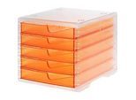 Schubladenbox styro® styroswing light, 5 Schübe, Auszugsperre & Griffmulde, stapelbar, B 270 x T 340 x H 255 mm, Polystyrol, transparent-apricot