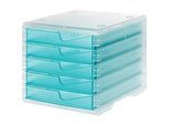 Schubladenbox styro® styroswing light, 5 Schübe, Auszugsperre & Griffmulde, stapelbar, B 270 x T 340 x H 255 mm, Polystyrol, transparent-aqua