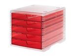 Schubladenbox styro® styroswing light, 5 Schübe, Auszugsperre & Griffmulde, stapelbar, B 270 x T 340 x H 255 mm, Polystyrol, transparent-cranberry
