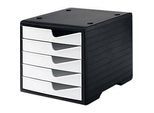 Schubladenbox styro® styroswing, 5 Schübe, Auszugsperre & Griffmulde, stapelbar, B 270 x T 340 x H 255 mm, Polystyrol, schwarz-weiss