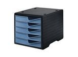 Schubladenbox styro® styroswing, 5 Schübe, Auszugsperre & Griffmulde, stapelbar, B 270 x T 340 x H 255 mm, Polystyrol, schwarz-taubenblau