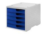 Schubladenbox styro® styroswing, 5 Schübe, Auszugsperre & Griffmulde, stapelbar, B 270 x T 340 x H 255 mm, Polystyrol, grau-blau
