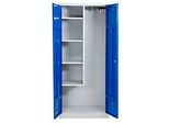 Putzmittelschrank, B 800 mm, 4 Böden, verkürzte Mitteltrennwand, abschliessbar, enzianblau RAL 5010/l.grau RAL 7035