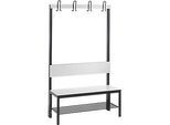 Garderobenbank Basic Plus, 1-seitig, Rückenlehne, mit Schuhrost, Fussgestell schwarzgrau RAL 7021, B 1000 mm, Dekor weiss