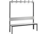Garderobenbank Basic Plus, 1-seitig, Rückenlehne, ohne Schuhrost, Fussgestell schwarzgrau RAL 7021, B 1500 mm, Dekor silbergrau