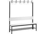 Garderobenbank Basic Plus, 1-seitig, Rückenlehne, mit Schuhrost, Fussgestell schwarzgrau RAL 7021, B 1500 mm, Dekor weiss