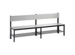 Sitzbank Basic Plus, 1-seitig, Rückenlehne, mit Schuhrost, 4-Fussgestell schwarzgrau RAL 7021, B 1960 mm, Dekor silbergrau
