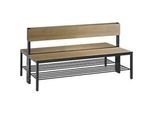 Sitzbank Basic Plus, 2-seitig, mit Rückenlehne & Schuhrost, 4-Fussgestell schwarzgrau RAL 7021, B 1500 mm, Dekor Eiche Ser.
