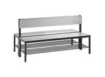 Sitzbank Basic Plus, 2-seitig, mit Rückenlehne & Schuhrost, 4-Fussgestell schwarzgrau RAL 7021, B 1500 mm, Dekor silbergrau