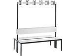 Garderobenbank Basic Plus, 2-seitig, Rückenlehne, ohne Schuhrost, Fussgestell schwarzgrau RAL 7021, B 1500 mm, Dekor weiss