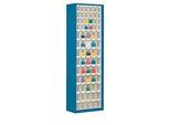 Magazinschrank, Volumen 333 l, 69 herausnehmbare Klappkästen mit Griffmulde, B 665 x T 250 x H 2000 mm, enzianblau/transparent