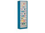 Magazinschrank, Volumen 333 l, 61 herausnehmbare Klappkästen mit Griffmulde, B 665 x T 250 x H 2000 mm, enzianblau/transparent