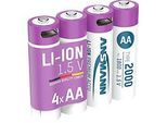 Li-Ion Akkus ANSMANN Mignon AA, 1,5 V, Typ 2000 (min. 1800 mAh), 3,26 Wh, Type C Ladung, 4 Stück