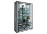 Wandvitrine Vitrosa Mini, mit LED-Beleuchtung, 8 Einlegeböden, 2 Flügeltüren, B 590 x T 180 x H 910 mm, Glas & Holz, silber