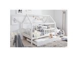 TiCAA Kinderbett Hausbett Montessori Kay 90x200, 100x200 cm, 120x200 cm, 140x200 für Jungen & Mädchen mit Schubladen, Rausfallschutz & Rolllattenrost - aus Kiefer Massivholz für Kinderzimmer