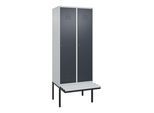 C+P Spind Classic PLUS, Bank, 2 Abteile, 2120x800x815mm, 7035/7016 Verschluss Zylinderschloss 4 Garderobenhaken Trennwand mittig Dekor Banklatten RAL (0800407-22F|S10023)