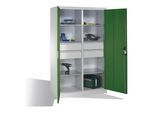 C+P Werkzeugschrank mit Drehtüren, 6 Böden, 4 Schübe, H1950xB1200xT500mm Front Resedagrün Korpus Lichtgrau ; C + P Möbelsysteme (8931-3042|S10133)
