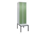 C+P Spind Classic PLUS, Bank, 2 Abteile, 2120x600x815mm, 7035/6011 Verschluss Zylinderschloss 3 Garderobenhaken Dekor Banklatten RAL 7035 Lichtgrau S (0800507-20|S10021)