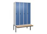 C+P Spind Classic PLUS, Bank, 4 Abteile, 2120x1200x815mm, 7035/5023 Verschluss Sicherheits-Drehriegel 3 Garderobenhaken Sitzbanktyp auskragend ; C + (0800407-40|S10005)