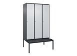 C+P Spind Classic PLUS, Bank, 3 Abteile, 2120x1200x815mm, 7016/7035 Verschluss Zylinderschloss 4 Garderobenhaken Dekor Banklatten RAL 7021 Schwarzgra (0800507-32|S10028)
