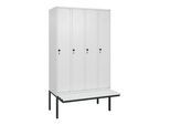 C+P Spind Classic PLUS, Bank, 4 Abteile, 2120x1200x815mm, 9016/9016 Verschluss Sicherheits-Drehriegel 3 Garderobenhaken Dekor Banklatten RAL 9010 Rei (0800407-40|S10044)